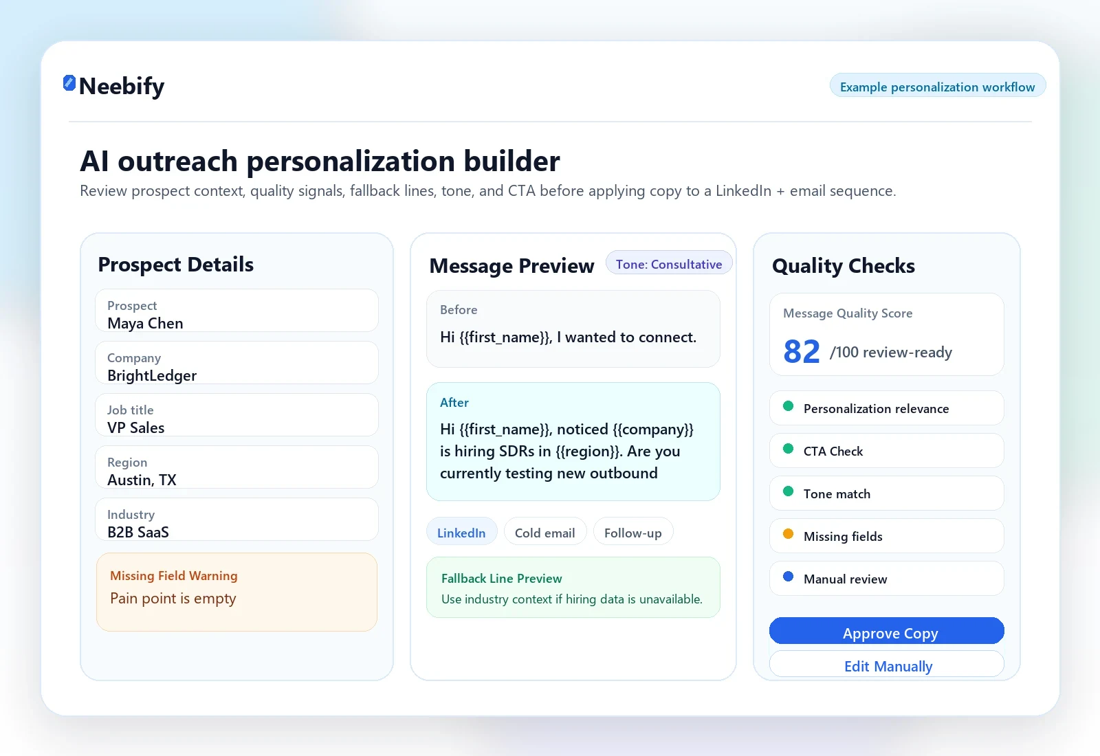 Neebify AI outreach personalization workflow for LinkedIn messages, cold emails, and follow-ups