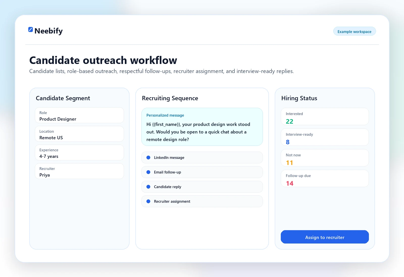 Neebify candidate outreach workflow for recruiters managing LinkedIn messages, email follow-ups, and candidate replies