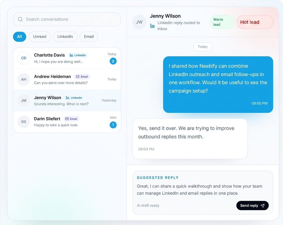 Neebify sales team case study showing reply management and outreach follow-up workflow